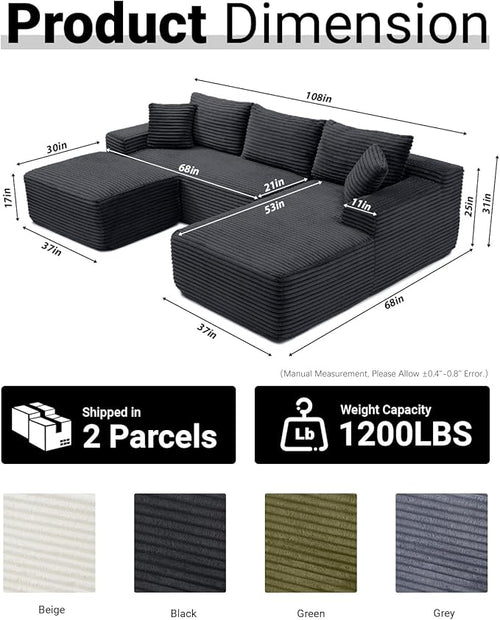 108 Inch Cloud Sectional Couch,Modern Modular Sectional Sofa with Deep Seat,Corduroy Boneless Couches with L-Shape Chaise for Living Room,No Assembly Required (Black, Right Facing Chaise + Ottoman)
