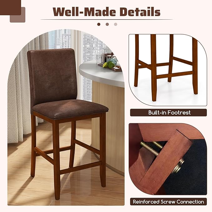 COSTWAY Counter Barstools Set of 2, 26 Inch Counter Height Stools with Upholstered Seat & Backrest, Armless High-Top Chairs with Rubberwood Legs for Kitchen Island, Dining Room, Pub