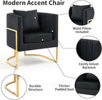 Velvet Modern Accent Chair, Upholstered Barrel Armchair Mid Century with Pillow for Living Room, Comfy Single Vanity Chair with Metal Gold Legs for Bedroom, Black