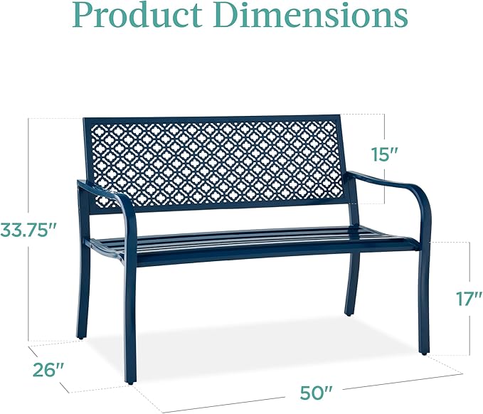 Best Choice Products Outdoor Bench 2-Person Metal Steel Benches Furniture for Garden, Patio, Porch, Entryway w/Geometric Backrest, 790lb Capacity - Peacock Blue
