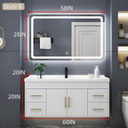 60IN Modern Bathroom Vanity - LED Intelligent Mirror Cabinet Includes Time Display & Defogging | Bathroom Cabinet with Sink & Open Storage Compartments, Ceramic Washbasin, 4 Drawers (Style B)