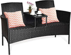 COSTWAY 2-Seat Patio Conversation Sets, Outdoor Patio Loveseat Set with Removable Cushions & Built-in Coffee Table for Backyard, Garden, Lawn, Balcony, Black+Beige