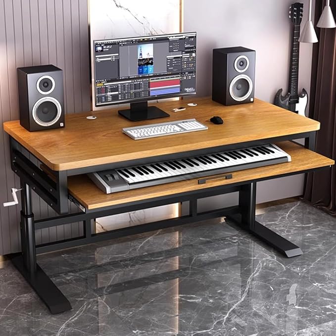 Studio Desk with Keyboard Tray | Hand-Crank Adjustable Standing Desk Workstation for Music Production, Cable Management, MIDI Keyboard Shelf (Natural, 55In)