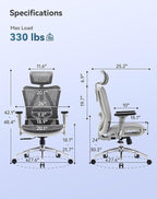 SIHOO M57 Ergonomic Mesh Office Chair, High Back Home Desk Chair with 3D Armrests, Lumbar Support and Adjustable Headrest, Comfortable Computer Chair, Big & Tall Office Chair Hold 330 LBS-Light Grey