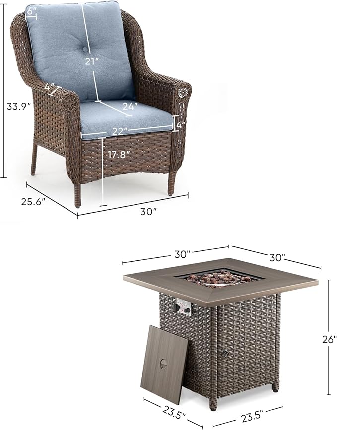 Outdoor Patio Chairs with Fire Pit Table 5 Piece Set - High Back Brown Wicker Rattan Lawn Chair with Thick Cushion for Porch Apartment Deck Yard Poolside Garden - Baby Blue
