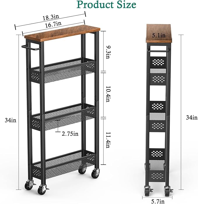 Slim Storage Cart 4 Tier Narrow Kitchen Rolling Cart on Wheels for Small Space, Mobile Utility Cart Shelving Unit with Wooden Top and Metal Handle for Kitchen, Bathroom, Laundry Room