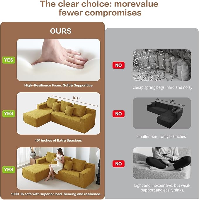 101" Orange Couch for Living Room,Boneless Couch No Assembly Required,Comfy Couches with Oversized Chaise,Compressed Sofa for Any Room,Modern Sofa-Velvet