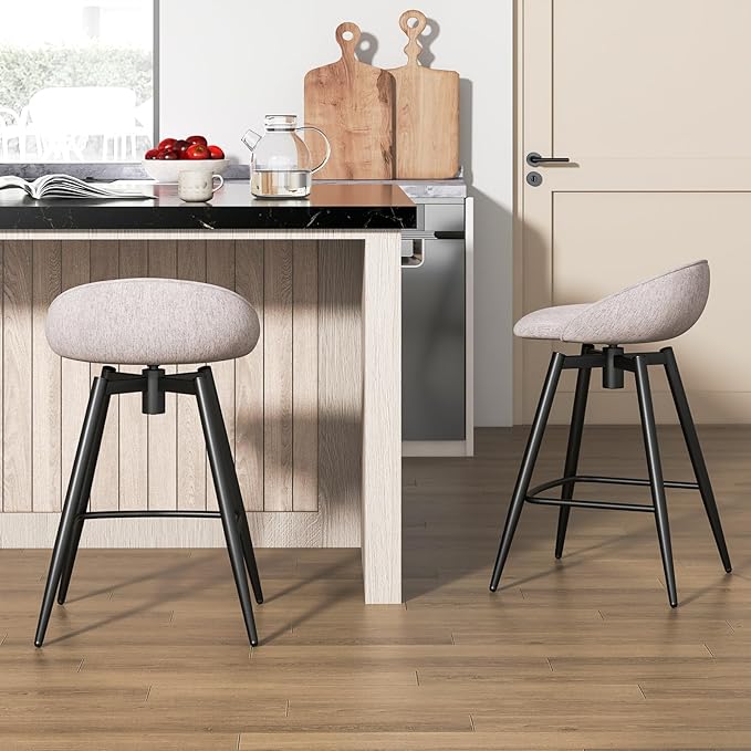 COSTWAY Bar Stools Set of 4, 25" Upholstered Counter Height 360° Swivel Bar Stools w/Backrest & Footrest, Heavy-Duty Metal Frame Armless Breakfast Chairs for Kitchen, Living Room (Set of 4,Grey)