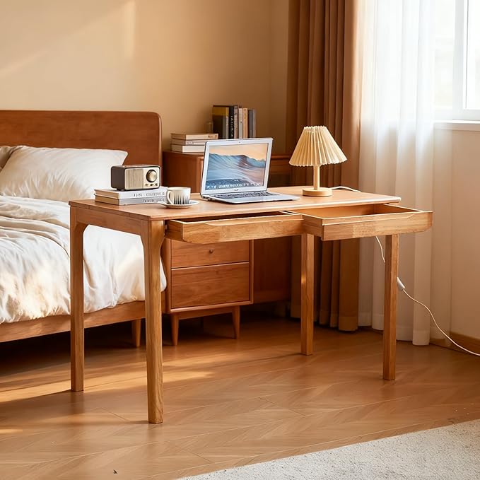 47"x24" Solid Wood Desk with Drawers,Wood Writing Desk for Small Spaces, Home Office Desks for Work,Gaming Study PC Desk for Bedroom,Student Computer Desks(Natural Wood Color, 47 inch)