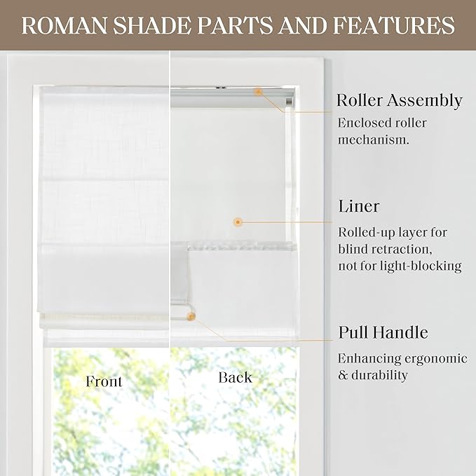 Madison Park Kyler Cordless Roman Shades - Single Panel, Lightweight Linen Blend Fabric, Natural Design, Easy Installation, Light Filtering Window Blind, Bedroom, Living Room Decor 31"W x 64"H White