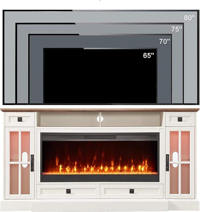 OKD Fireplace TV Stand for 80 Inch TV, Farmhouse Entertainment Center with 42" Fireplace & LED Lights, Modern Media Console Table with Storage Drawers & Cabinets for Living Room, Antique White