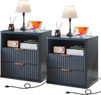 LEYAOYAO Fluted Nightstand Set of 2 with Charging Station,23" Modern Nightstand with Woodgrain Top, 2 Drawer End Table w/Storage, BedsideTables for Bedroom, Living Room, Curved Profile,Blue