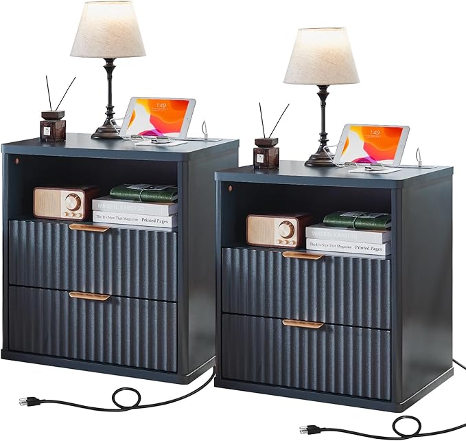 LEYAOYAO Fluted Nightstand Set of 2 with Charging Station,23" Modern Nightstand with Woodgrain Top, 2 Drawer End Table w/Storage, BedsideTables for Bedroom, Living Room, Curved Profile,Blue