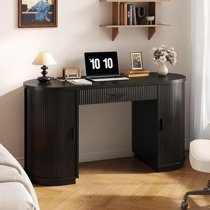 ONBRILL 58" Fluted Executive Desk with Storage, Home Office Desk with Drawers, Wood Computer Writing Desks with Charging Station for Study Living Room Bedroom Work Black