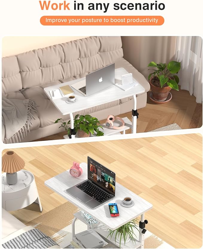 Portable Desk with Wheels Small Standing Desk on Wheels Adjustable Height Rolling Desks for Small Spaces, 32" Computer Desks with Storage Shelves for Home Office Study White