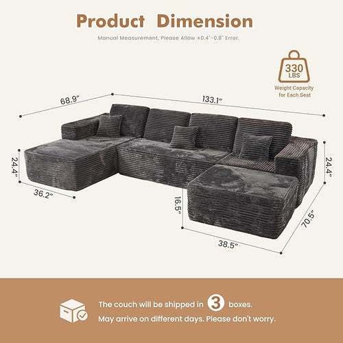 133.1'' Boneless Sectional Couches for Living Room, Oversized Cloud Couch with Chaise & Ottoman, Modular Sofa Sets Deep Seat Plush Corduroy, No Assembly Required,Plush Corduroy,Gray