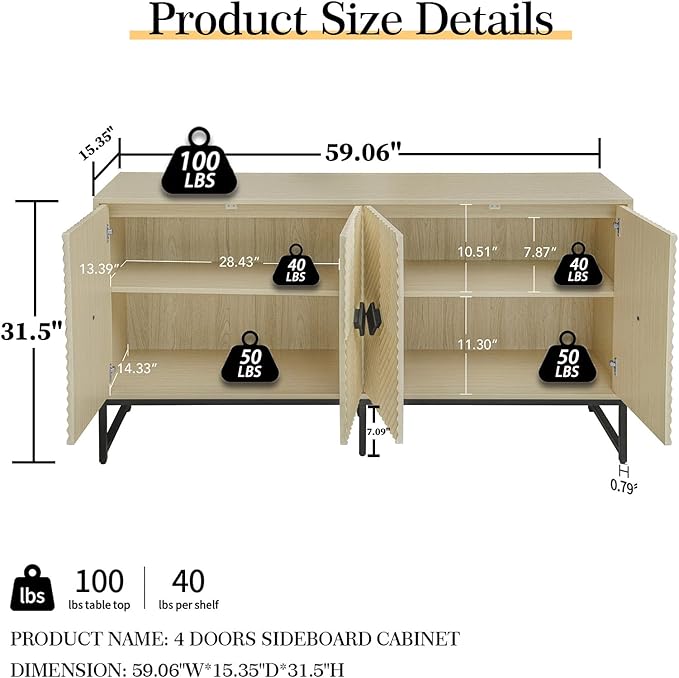 Sideboard Buffet Cabinet with Storage - Accent Storage Cabinet with Doors, Wood 4 Doors Cabinet with Metal Legs, 60" Buffets & Sideboards, Modern Credenza for Living Room (Natural)