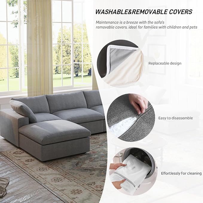 Cloud Modular Sectional Sofa Couch,160" Convertible Couches Wide 4 Seater Sofa for Living Room,Minimalist Deep Sofa Couches,Sofa Covers Washable&Replaceable(Grey)
