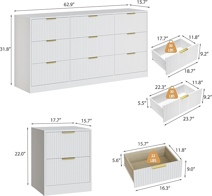 3-Piece Modern Bedroom Furniture Set, Wide 9-Drawer Dresser & 2-Drawer Nightstands Set of 2, Natural Wood Dresser and Nightstand Sets for Bedroom, Hallway, White