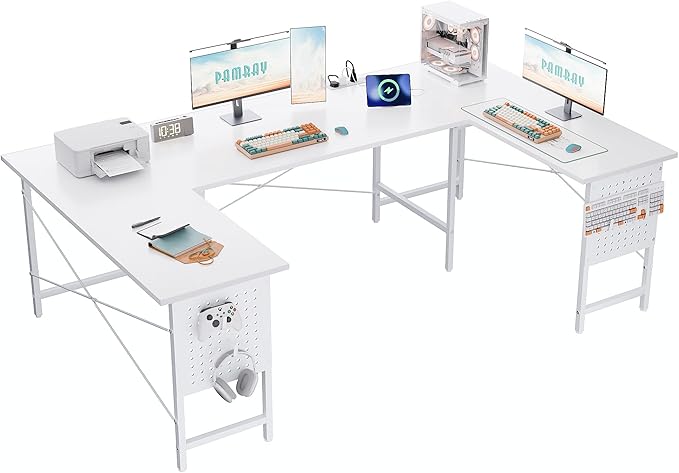 Pamray 71 Inch Large Computer Desk with Power Outlets,U Shaped Corner Desk for Home Office Work and Gaming White