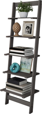 5-Tier Ladder Shelf - 50-Inch Narrow Leaning Bookshelf - Wooden Bookcase for Living Room, Bathroom, Kitchen, Office, or Bedroom Furniture by Lavish Home (Gray)