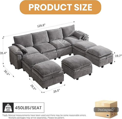 130" U Shaped Modular Sectional Sofa, Couch with Ottoman Storage, Chenille Cloud Couch with Plush Deep Seating for Living Room, Bedroom (9 Seat, Light Grey)