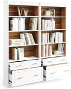 LITTLE TREE 72" Tall White Bookcase, 5-Tier Office Bookself with File Cabinet Drawers,Modern Floor Standing Storage Filing Cabinet Book Shelf for Living Room,Bedroom(2 Piece,White)