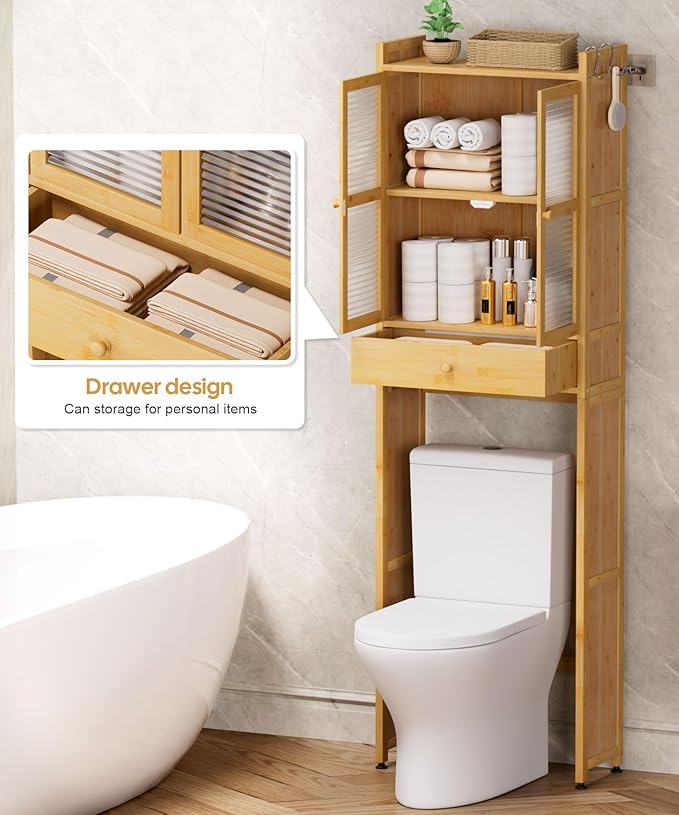 Over The Toilet Storage Cabinet: Bathroom Organizer Shelf with 1 Drawer and 2 Doors - Bamboo Saver Space Freestanding Rack for Restroom