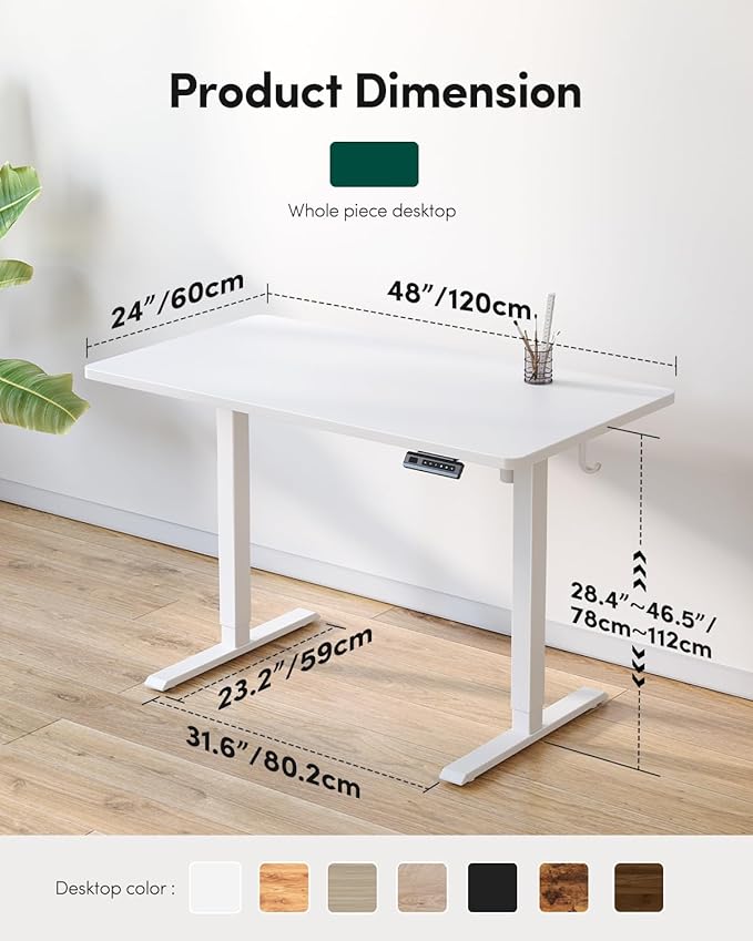 FEZIBO One-Piece Standing Desk Adjustable Height Stand up Home Office Desk, 48x24 Inch Electric Standing Computer Desk, with 4 Memory Presets, Headphone Hook, White
