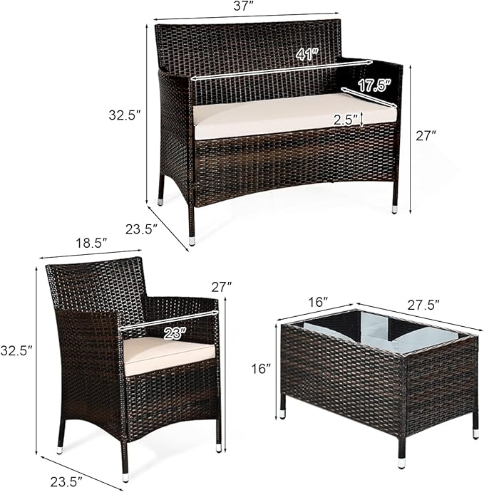 COSTWAY 4PCS Rattan Patio Furniture Set, Outdoor Wicker Rattan Chairs with Coffee Table, Rattan Cushioned Conversation Set for Backyard Balcony Porch Poolside, Brown