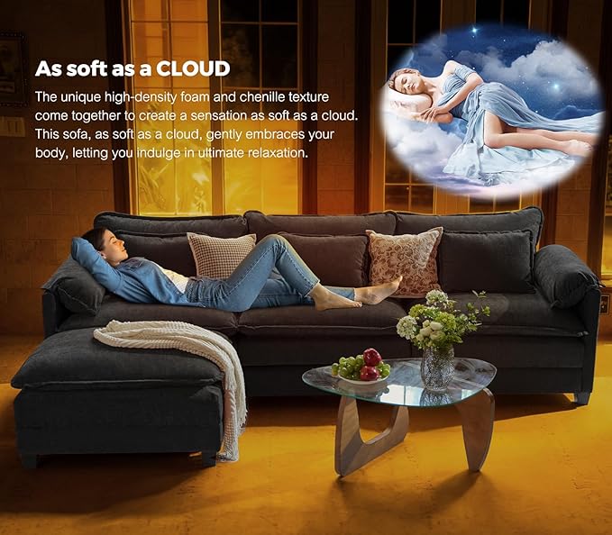 ELUCHANG 116" Luxury Modular Sectional Sofa, Comfy Deep Seat Cloud Couch, Sleeper Sofa Bed, 6 Seat Modern Couch with Removable Cover for Living Room, Apartment, DIY Combination, Chenille Black