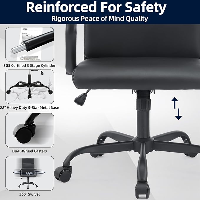 Office Chair, Ergonomic Adjustable Desk Chair, Mid Back Executive Comfortable Leather Lumbar Support Home Computer Chair with Padded Seat Swivel Wheels