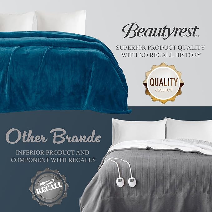 Beautyrest Heated Electric Blanket for Cold Weather, Fast Heating Heated Blanket, Auto Shut Off, Virtually Zero EMF, Multi Heat Setting, UL Certified, Teal Queen (90 inx84 in)