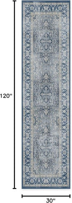 RUGGABLE Washable Vintage Runner Rug – Kamran Admiral Blue 2.5x10, Stain-Resistant, Non-Slip Hallway Runner – Machine Washable Rug for Hallway, Entryway, Living Room & Kitchen – with Cushioned Pad