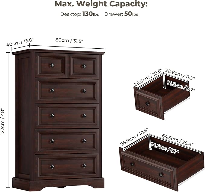 Farmhouse 6 Drawer Dresser, 48" Tall Dresser Chest of Drawers with Natural Texture & Metal Handles, Storage Dressers Organizer for Bedroom, Living Room, Hallway, Vintage Design (Cherry)