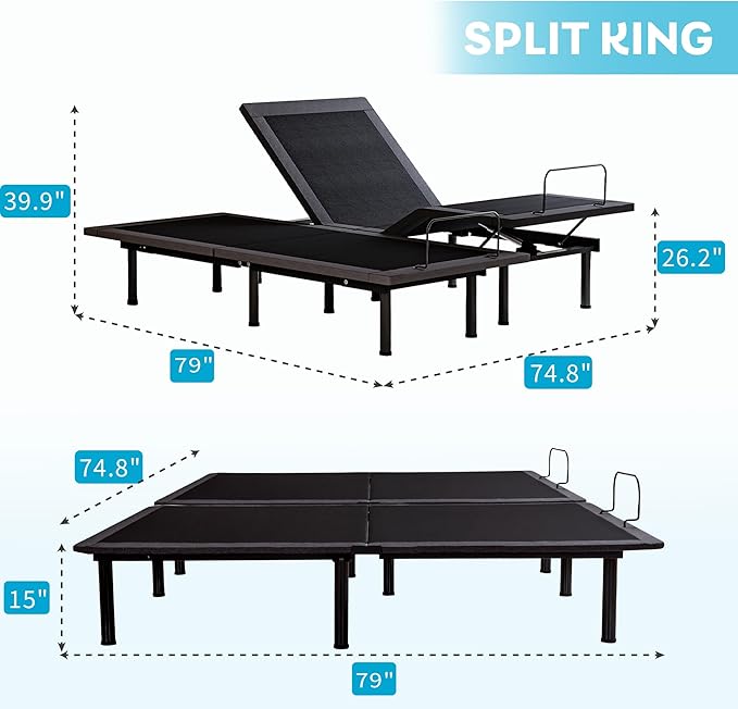 Split King Adjustable Bed Frame with 14 inch Cooling Copper Memory Foam Mattress, Wireless Remote & Head and Foot Incline, CertiPUR-US Certified & Fiberglass Free, Zero Gravity, 80" × 76"