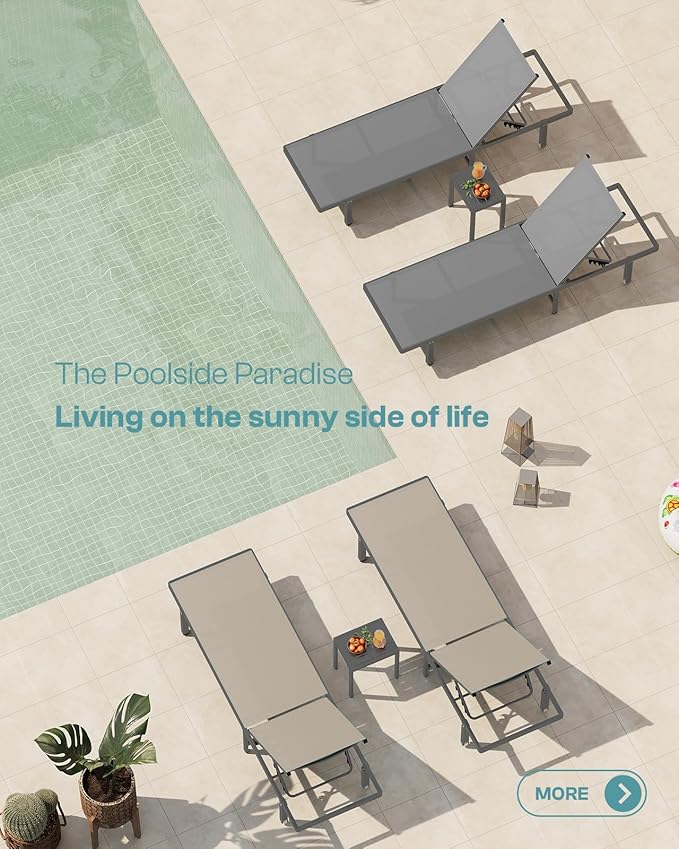 Pool Lounge Chairs Set of 2，Outdoor Lounge Chairs with Wheels and 5-Position Recliner -Easy to Move- Aluminum Patio Lounge Chair for Poolside, Deck (Darkgray)