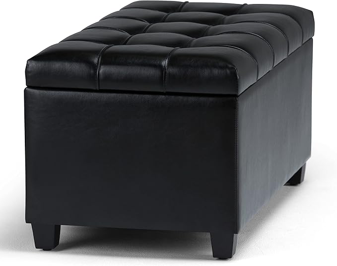 SIMPLIHOME Sienna 33 inch Wide Transitional Rectangle Storage Ottoman Bench in Midnight Black Vegan Faux Leather, Assembled, For the Living Room, Entryway and Family Room