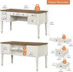 WAMAPT Farmhouse Executive Desk with 5 Drawers, Home Office Desk with Charging Station, Wood Computer Desk with File Cabinet Storage, Door, Open Shelf for Work and Study, White, 55 inch
