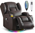 Power Swivel Rocker Recliner Chairs, Electric Wall Hugger Reclining Sofa with Massage & Heat, Comfy Theater Seating Single Sofa with LED Light/USB/Type-C Ports (Leather Brown, Single Chair)