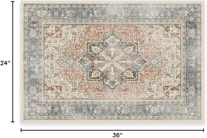 RUGGABLE Washable Vintage Area Rug – Kamran Coral 2x3, Stain-Resistant, Non-Slip – Small Machine Washable Rugs for Living Room, Bedroom, Hallway, Entryway & Bathroom–with Cushioned Pad