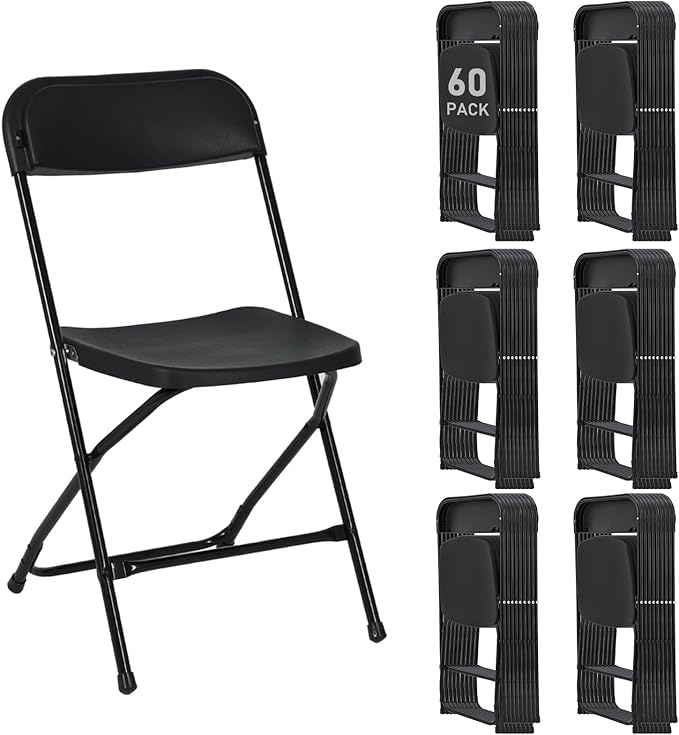 60 Pack Plastic Black Folding Chairs, Portable Stackable Commercial Party Folding Chairs with Steel Frame 350lbs for Home Office Outdoor Indoor Office Wedding Party Event