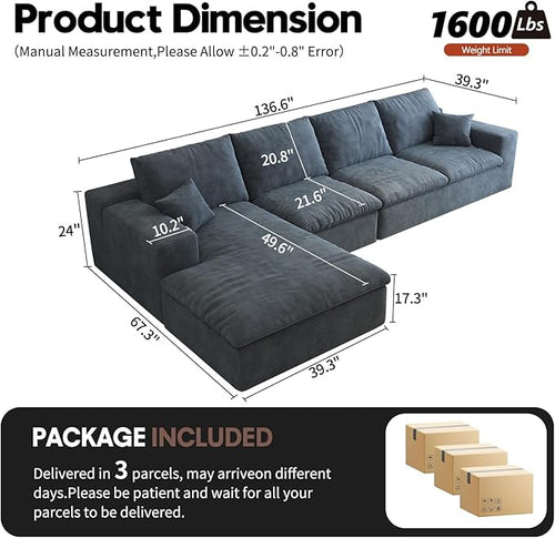 136.6'' L-Shaped Modern Modular Sectional Cloud Couch, 4-Seat Chenille Deep-Seat Sofa with Pillow for Living Room, Bedroom, Apartment, Ocean Blue