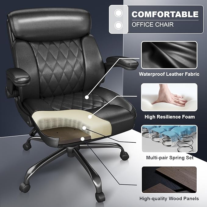 AnyGod Executive Leather Office Chair, Ergonomic Mid-Back Desk Chairs Comfy for Home Office with Flip-up Armrests, Lumbar Support, Adjustable Height and Swivel Rolling Wheels