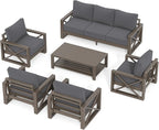 UDPATIO 6 Piece Aluminum Patio Furniture Set 7 Seats Modern Outdoor Furniture Faux Wood Grain Patio Conversation Sets with Olefin Fabric Thick Cushions, 600D Waterproof Cover Included, Dark Grey