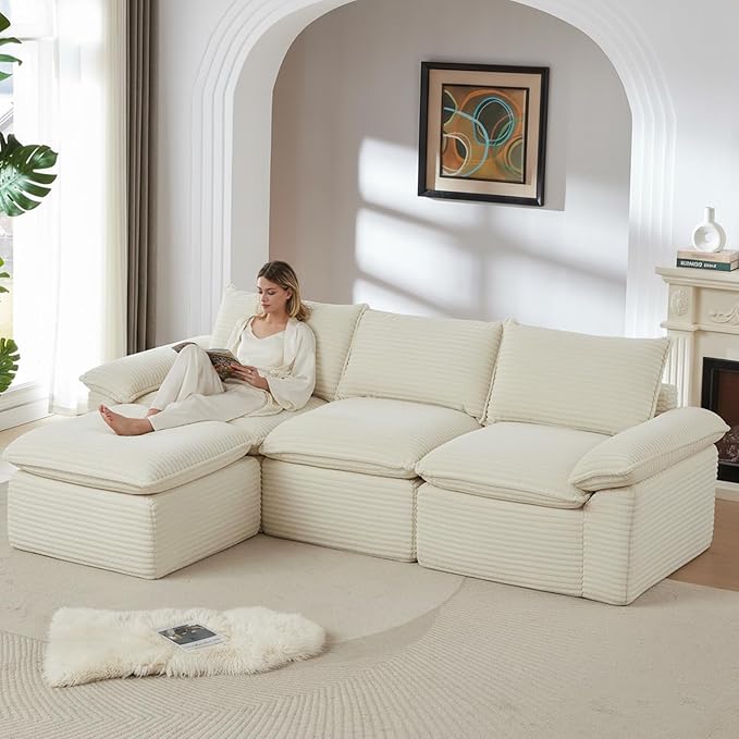 113.03" Sectional Couches for Living Room Modern Modular Sofa with L-Shape Couchs Upholstered Corduroy Boneless Couch Deep Seat Cloud Couch with Ottoman, No Assembly Required, White