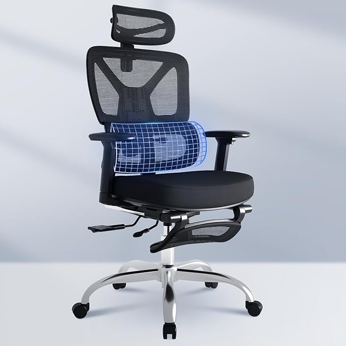 FLEXISPOT ErgoX Premium Ergonomic Office Chair with Footrest- Adjustable 3D Armrests, Dynamic Lumbar Support, Recline & Tilt Function, Mesh Seat, for Home & Office Use,Foam Black