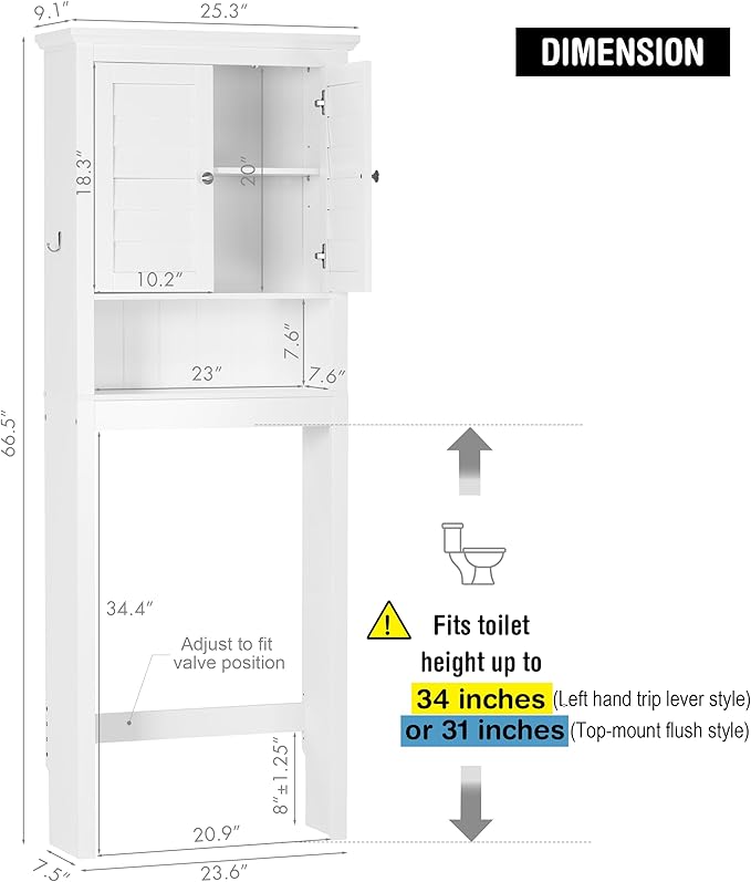 Spirich Over The Toilet Storage Cabinet, Space-Saving Above Toilet Bathroom Organizer with Adjustable Shelf and Hooks, White