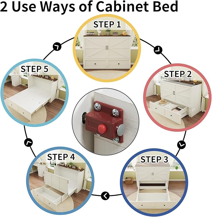 Full Size Murphy Bed with Charging Station, Cabinet Bed with Large Storage Drawer for Home Office or Small Room, Full Foldable Platform Bed, White