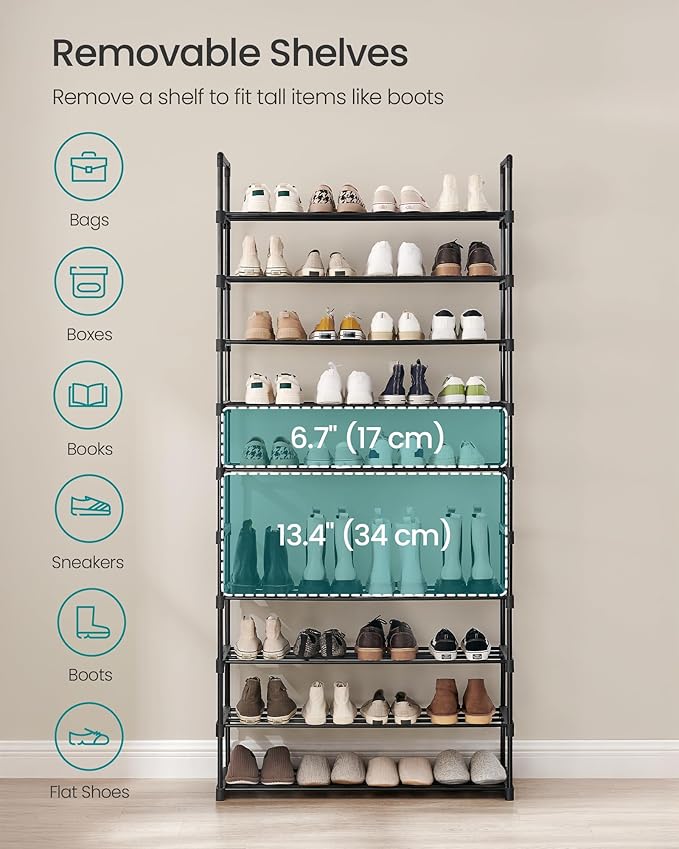 SONGMICS Shoe Rack, 10-Tier Shoe Organizer, Metal Storage Shelf, Upright or Upside Down, for 44-55 Pairs, for Entryway, 11.8 x 36.2 x 68.1 Inches, Black ULSA011B01